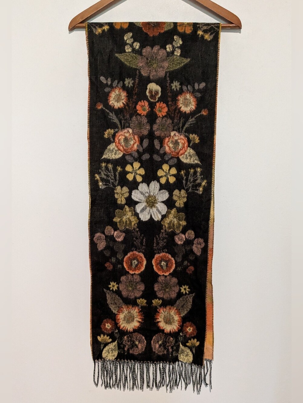 Fraas German Fringed Wooly Scarf Woven Acrylic Soft Floral